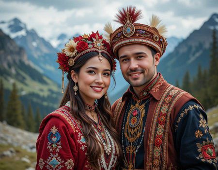 Portrait of a young couple in traditional clothes on the background of mountainsの素材