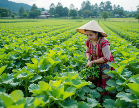 Asian woman farmer picking green lotus seedlings in the field.の素材
