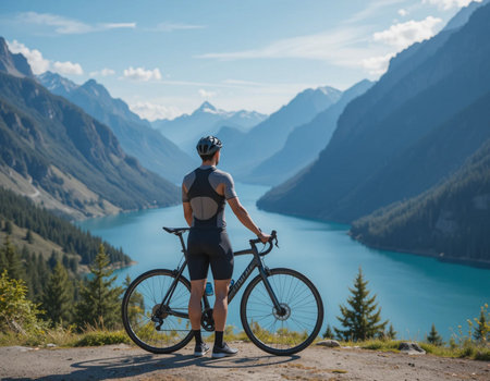 Rear view of a cyclist with a bicycle standing on the edge of a mountain and looking at the lake.の素材