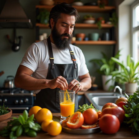 Bearded man in apron making fresh orange juice in kitchen at homeの素材