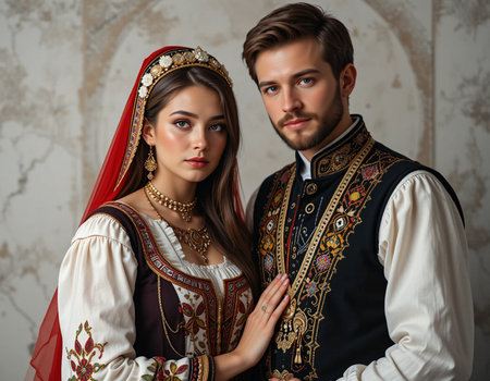 Beautiful young couple in traditional Ukrainian clothes posing in studio.の素材