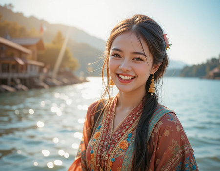 Portrait of a beautiful Asian woman in traditional clothes on the lakeの素材