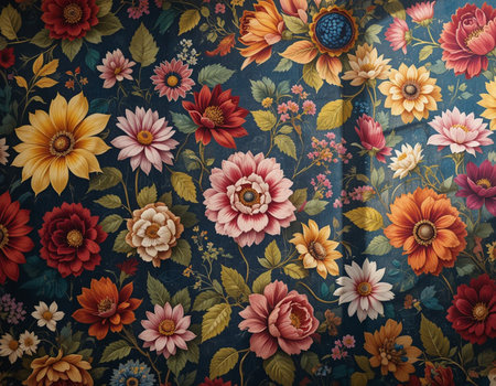 Vintage floral wallpaper with dahlias and daisy flowers.の素材