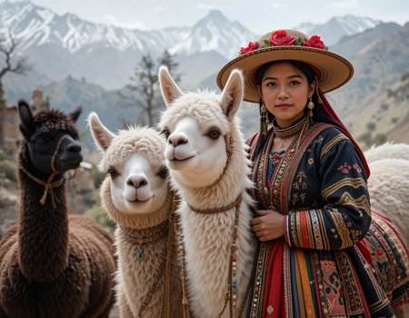 Peruvian woman with her alpaca in Peruの素材