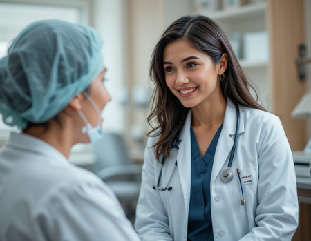 selective focus of smiling Asian doctor looking at patient in clinicの素材