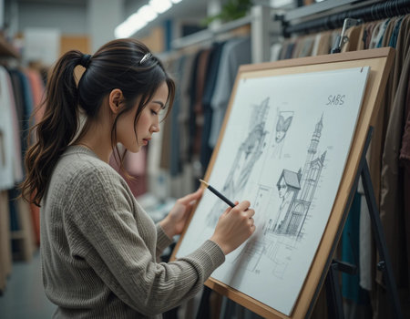 young asian woman fashion designer drawing sketches on canvas in clothing storeの素材