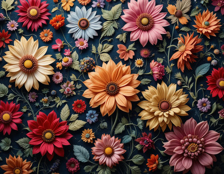 Colorful flowers on dark blue background. Flat lay. Top viewの素材