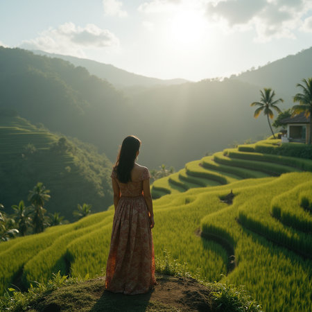 Rice terraces at sunset in Bali, Indonesia. Asian woman standing on the terrace.の素材