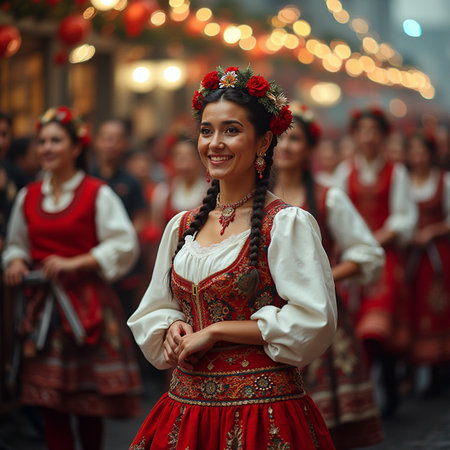 Croatian folk dancers in traditional costume performing at the annual Zagreb folklore festival.の素材