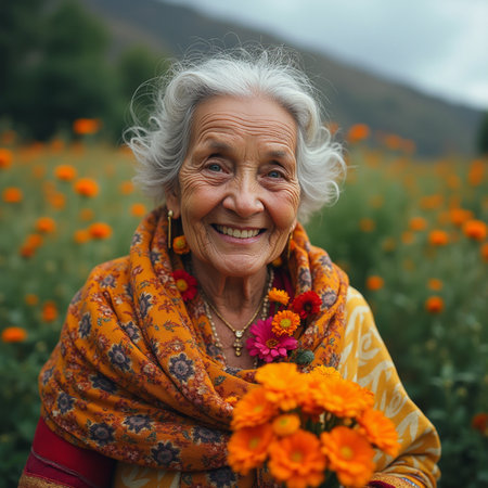 Smiling elderly woman with flowers in her hand in a poppy fieldの素材