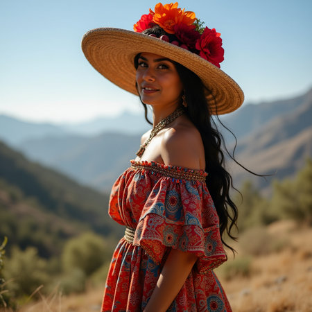 Beautiful young woman in a straw hat on a background of mountainsの素材