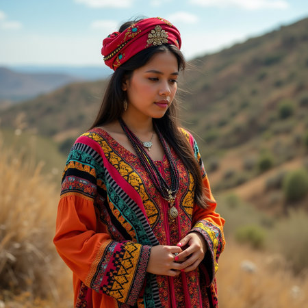 Portrait of a beautiful young Asian woman wearing traditional clothing in the mountainsの素材