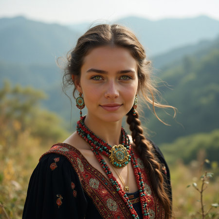 Portrait of a young beautiful woman in ethnic clothes on the background of mountainsの素材