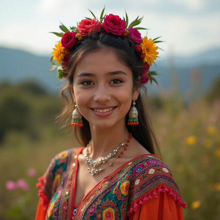 Beautiful asian woman in traditional dress with flowers in her hairの素材