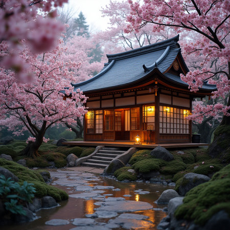 Japanese temple with cherry blossom in spring, Kyoto, Japan.の素材