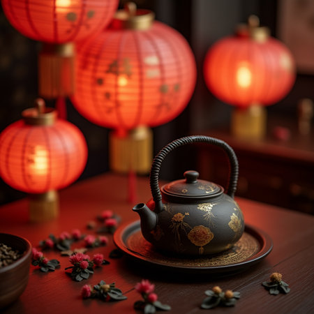 Chinese tea ceremony with teapot and red lanterns on wooden tableの素材