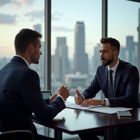 Two businessmen sitting at table in office and talking. Business meeting conceptの素材