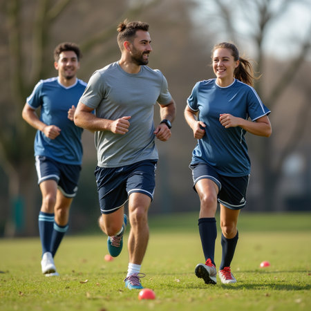 Young man and woman running together on a field in a healthy lifestyle conceptの素材