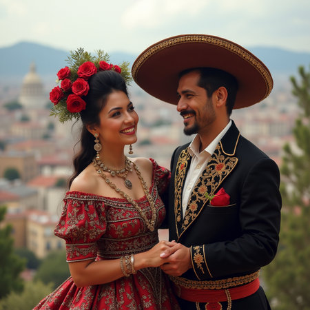 Beautiful couple in traditional Mexican dress and sombreroの素材