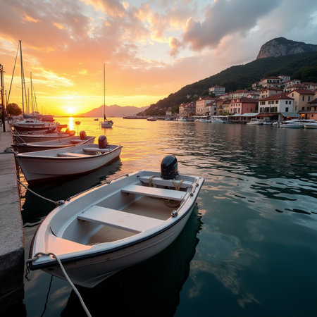 Boats in the Bay of Kotor at sunset, Montenegroの素材