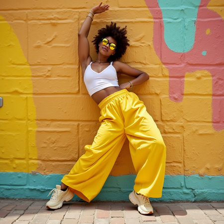 Full length portrait of a stylish afro american woman in a white top and yellow pants posing against a colorful wallの素材