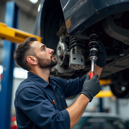 auto mechanic changing car suspension in auto repair service station. maintenance and repair conceptの素材