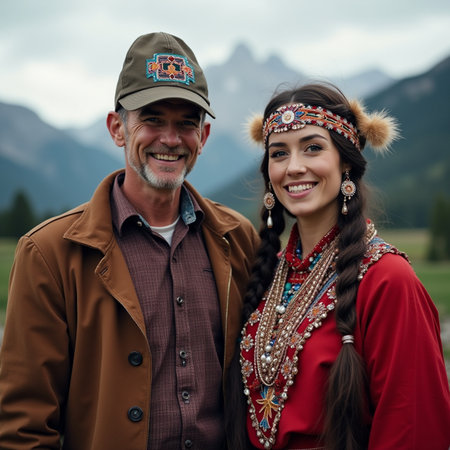 Portrait of a happy senior couple in traditional clothing smiling and looking at the camera in the mountainsの素材