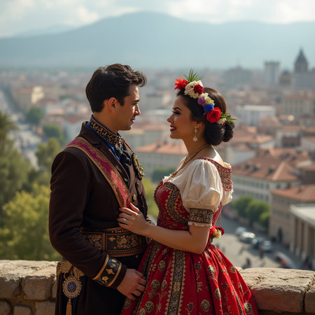 Young couple in traditional Russian clothes posing on the background of the city.の素材