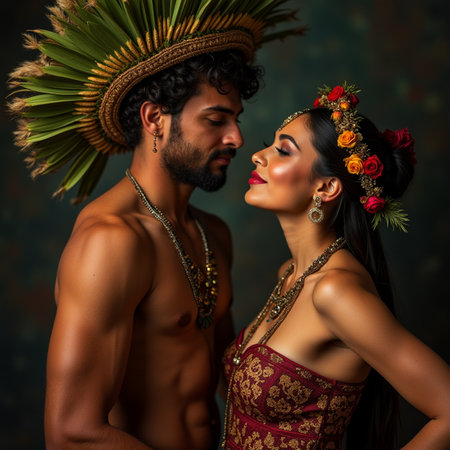 Sexy young couple with Indian headdress on dark background.の素材