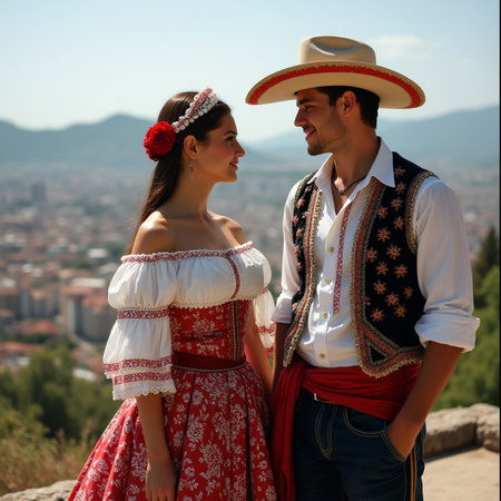 Young couple in traditional Romanian clothes on the background of the city.の素材