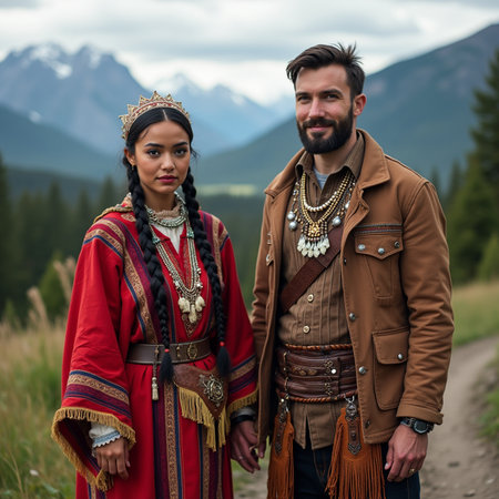 Couple in traditional clothes walking in the mountains. Boho style.の素材