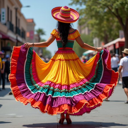 Unidentified woman in colorful dress dancing at the Carnaval Andino con la Fuerza del Sol in Cartagena, Colombia.の素材