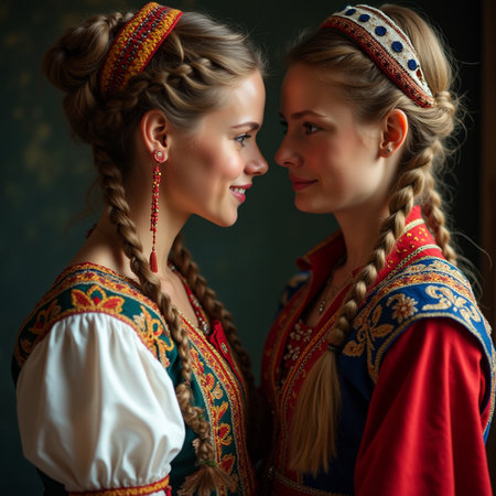 Portrait of two beautiful women in national clothes. Russian style.の素材