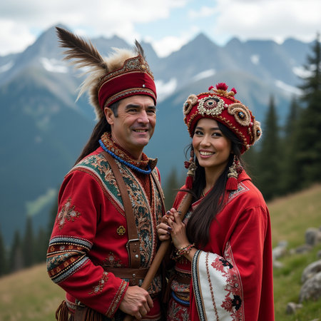 Unidentified people in ethnic clothes on the background of the Caucasus mountains.の素材