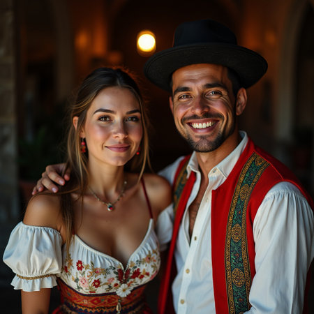Portrait of young couple in traditional Bavarian clothes at restaurantの素材
