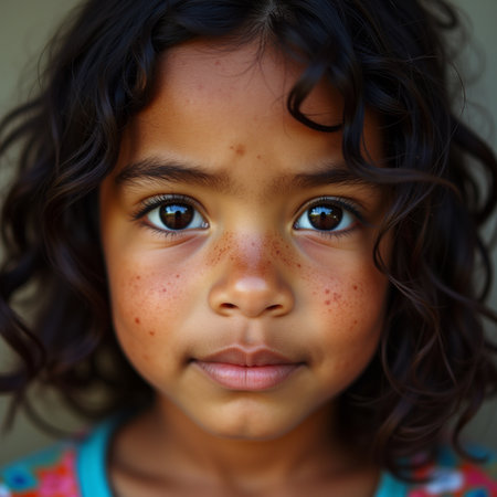 Portrait of a beautiful little girl with freckles on her faceの素材