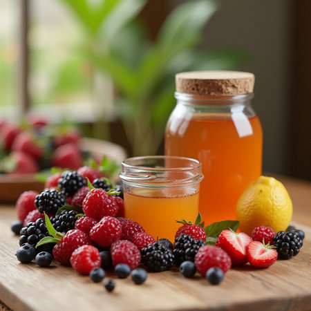 Homemade berry jam in glass jar with fresh berries on wooden tableの素材