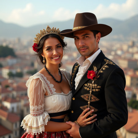 Beautiful young couple in traditional dress and hat posing in Florence, Italyの素材