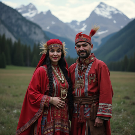 Couple in traditional clothing on the background of mountains. Boho style.の素材