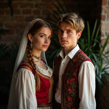 Portrait of a beautiful young couple in medieval costume. Retro style.の素材
