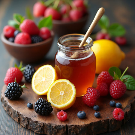 Jar of honey with berries and lemon on a wooden background. Selective focus.の素材