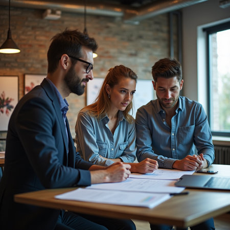 Group of business people working together in creative office. Businessmen and businesswomen sitting at table and discussing something.の素材