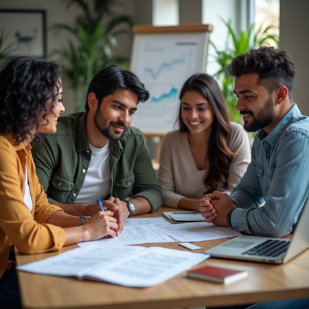 Group of business people working together in the office.They are sitting at the desk and smiling.の素材