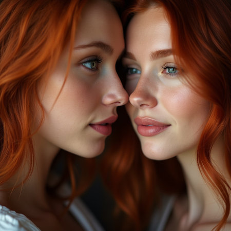 Close-up portrait of two beautiful young women with red hair.の素材