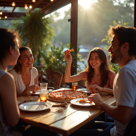Group of young friends eating pizza and drinking beer in a restaurant.の素材