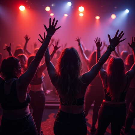 Crowd of dancing people in front of bright stage lights with raised handsの素材