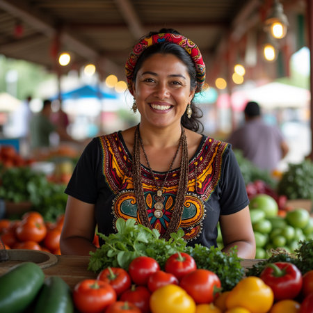 Portrait of a smiling woman selling fresh vegetables at a local marketの素材