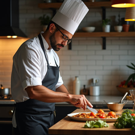 Handsome male chef preparing food in the kitchen at home.の素材
