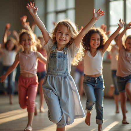 Happy little girl dancing with her friends in a dance school. Group of children having fun together.の素材