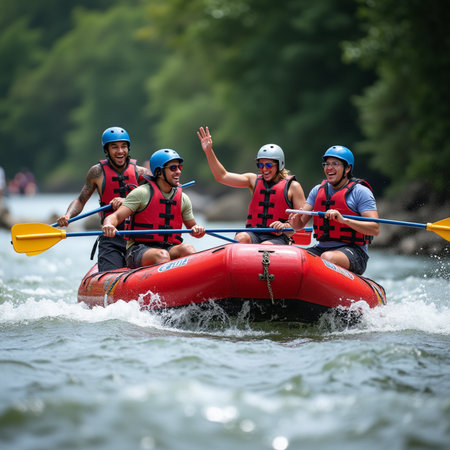 Group of people rafting on the river in sunny summer day.の素材